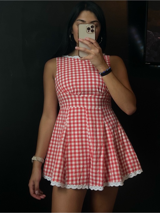 Sky To Moon Pants - Red & White Mini Gingham Lace-Trim Fit-and-Flare Romper